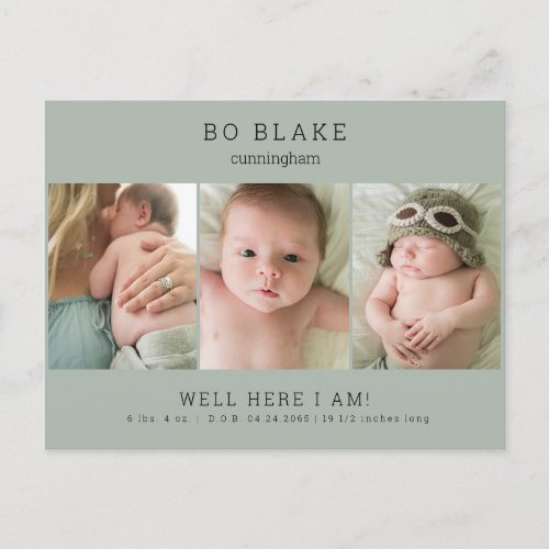 Cute Collage Photo Sage Baby Birth Announcement