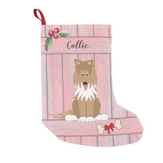 Cute Collie Dog Pink Wooden Fence Monogram Small Christmas Stocking
