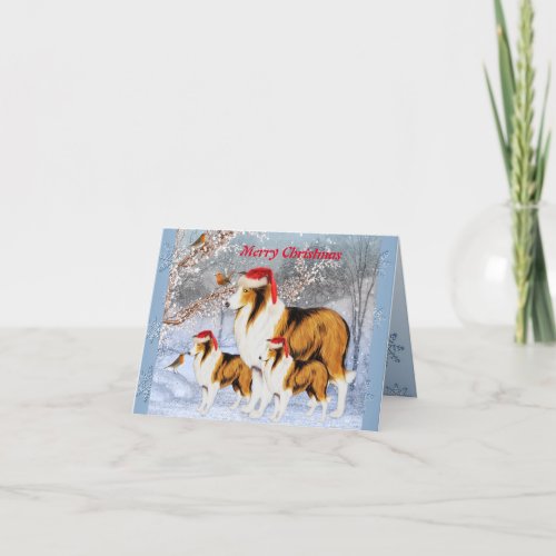 Cute Collie Family in Santa Hats Christmas Card
