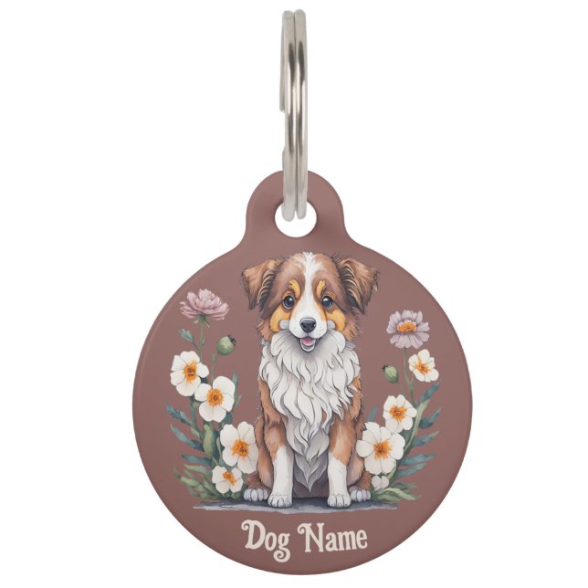 Cute collie surrounded by plants - pet ID tag (Front)