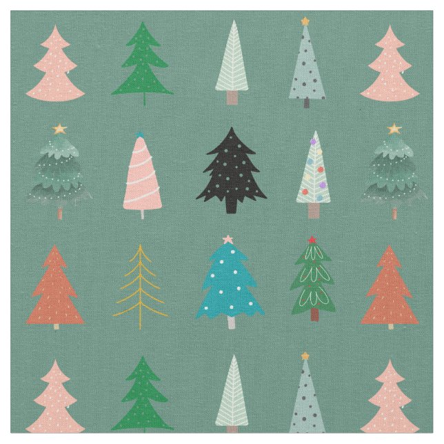 Cute coloful Christmas pattern green blue pink Fabric (Close Up)