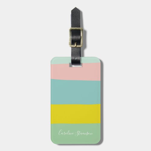 Cute Color Block Stripes Mint Green Pastel Name Luggage Tag
