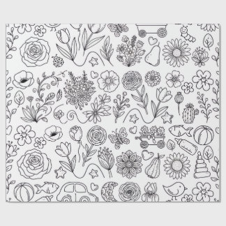 Cute Color-In Floral Doodles Kids Coloring Wrappin Wrapping Paper