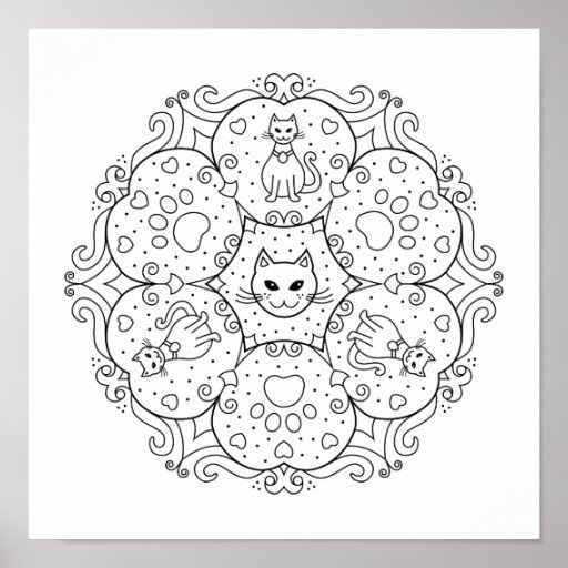 Cute Colorable Cat Mandala Illustration Poster | Zazzle