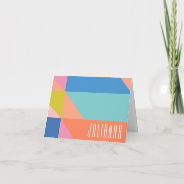 Cute Colorblock Geometric Personalized Name Note Card (Front)
