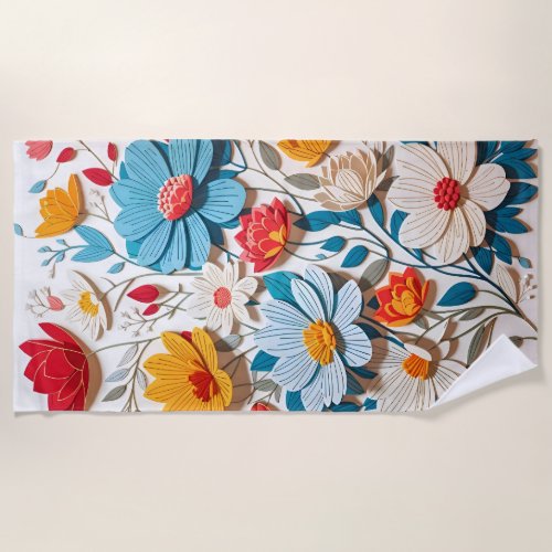 cute colored flowers pattern in white background beach towel