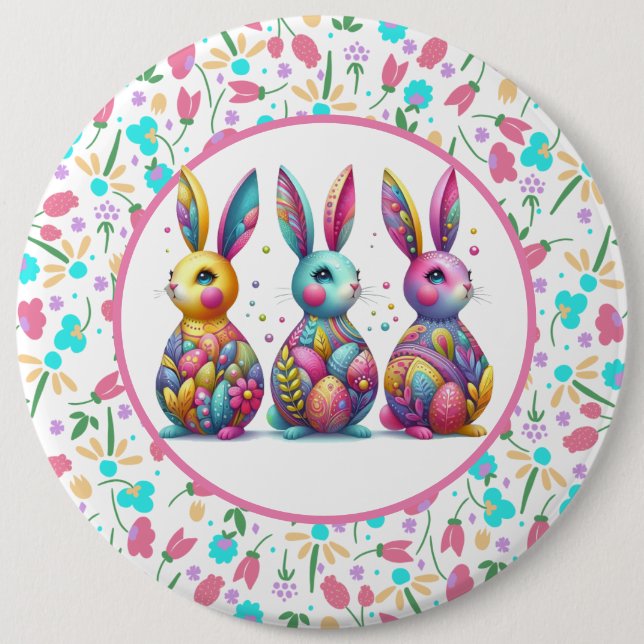 Cute, colorful 3 Easter bunny Button (Front)