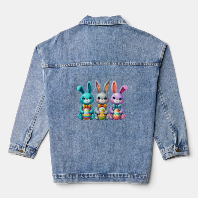 Cute, colorful 3 Easter bunny Denim Jacket (Back)