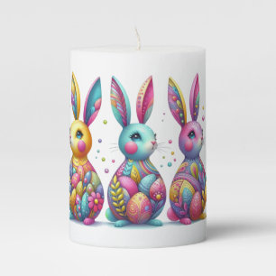 Cute, colorful 3 Easter bunny Pillar Candle