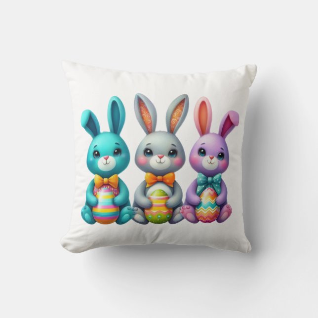 Cute, colorful 3 Easter bunny Throw Pillow (Front)