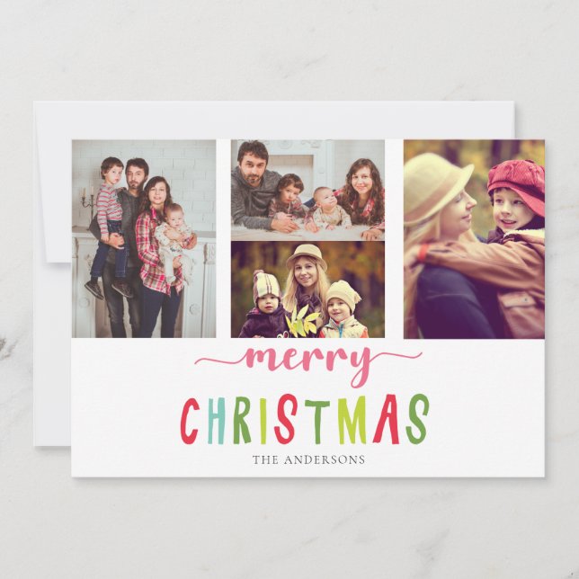 Cute Colorful 4 Photo Merry Christmas Flat Card (Front)