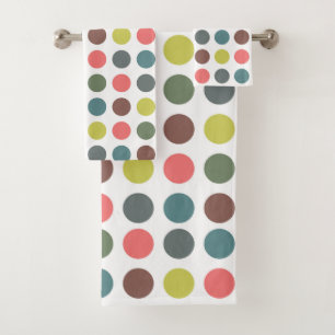 Cute colorful 70s pattern with polka dots bath towel set