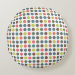 Cute colorful 70s pattern with polka dots round pillow