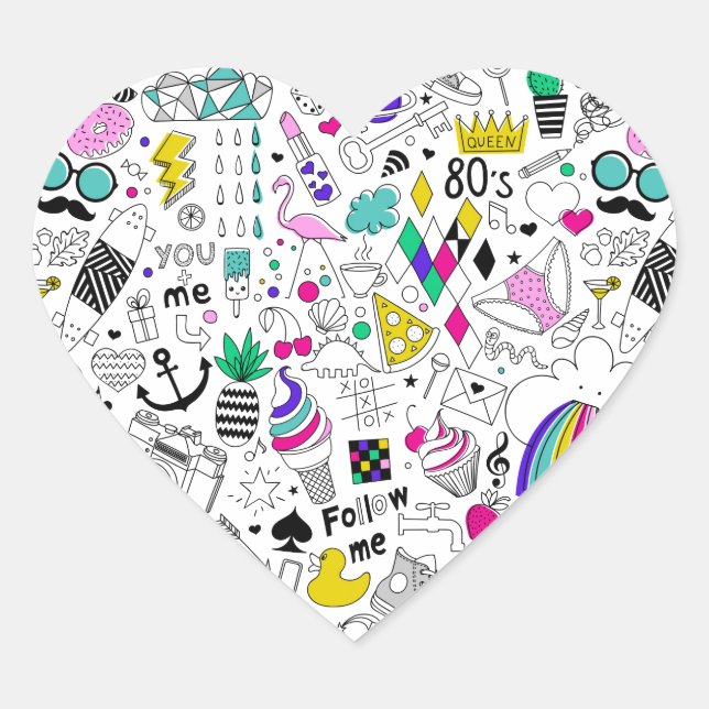 Cute Colorful 80s Pattern Heart Sticker (Front)