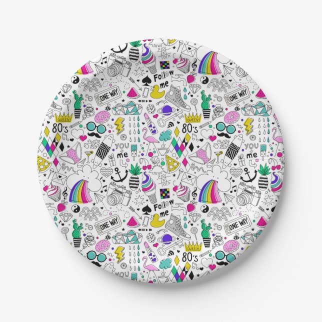 Cute Colorful 80s Pattern Paper Plates (Front)