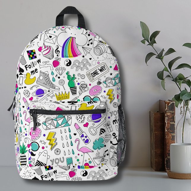 Cute Colorful 80s Pattern Printed Backpack (Trendy Cute Colorful Rainbow 80s Cartoon Pattern Printed Backpack)