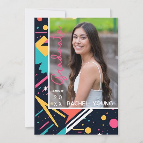 Cute Colorful 80s Retro Bright Graduation Photo  Invitation