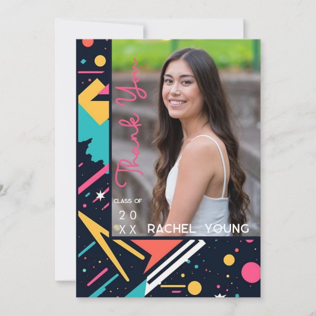 Cute Colorful 80s Retro Bright Graduation Thank You Card (Front)