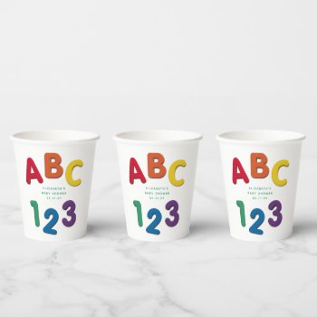Cute Colorful Abc 123 Neutral Baby Shower Paper Cups by LeaDelaverisDesign at Zazzle