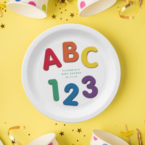 Cute colorful ABC 123 neutral baby shower Paper Plates