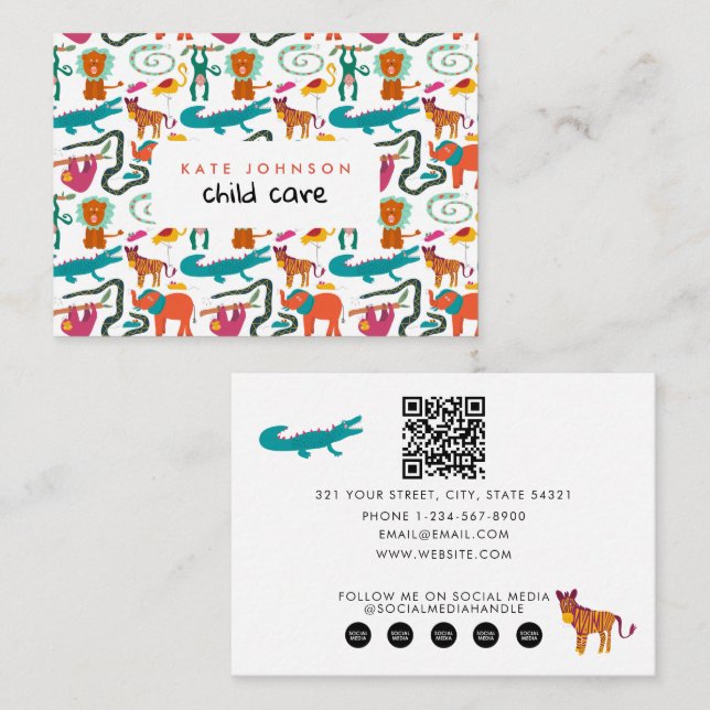 Cute Colorful Abstract Animals Childcare Business Card (Front/Back)
