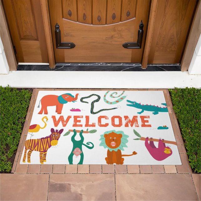 Cute Colorful Abstract Animals Custom Kids Name  Doormat (Outdoor)