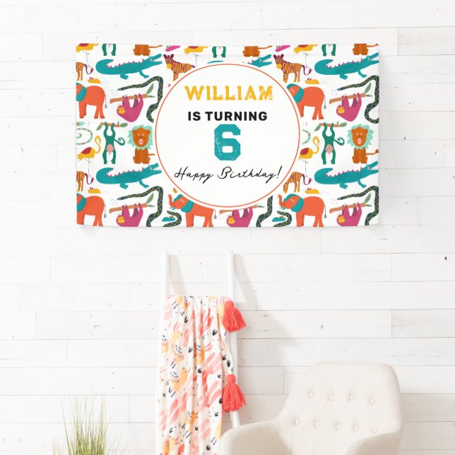 Cute Colorful Abstract Animals Kids Birthday Party Banner (Insitu)