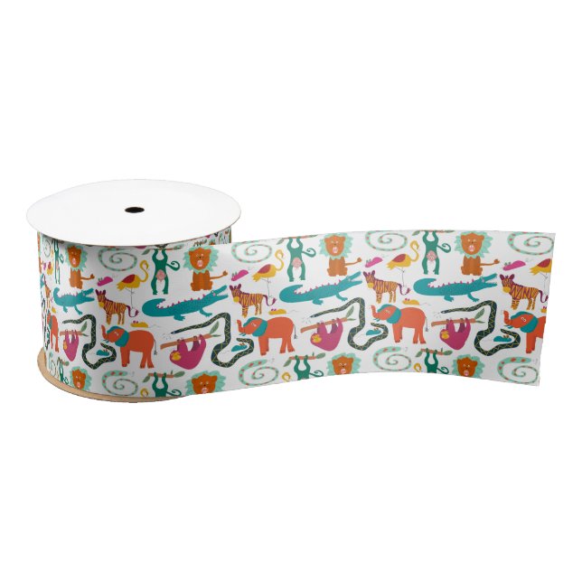 Cute Colorful Abstract Animals Kids Pattern Satin Ribbon (Spool)