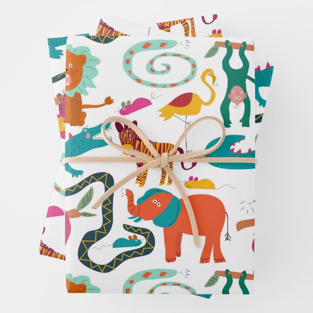 Cute Colorful Abstract Animals Kids Pattern Wrapping Paper Sheets (In situ)