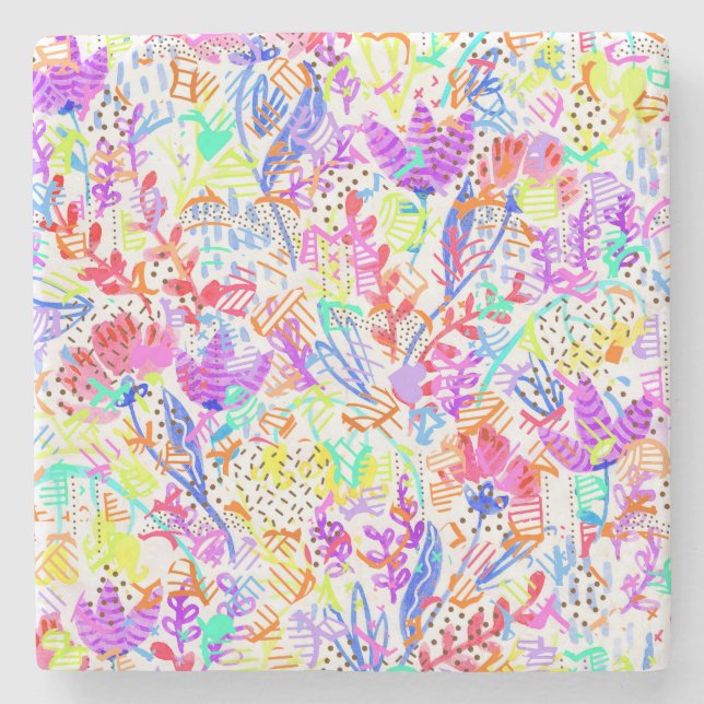 Cute colorful abstract flowers patterns stone coaster (Front)