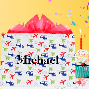 Cute Colorful Airplane & Clouds Aviator Custom Large Gift Bag