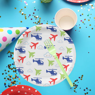 Cute Colorful Airplane & Clouds Aviator Paper Plates