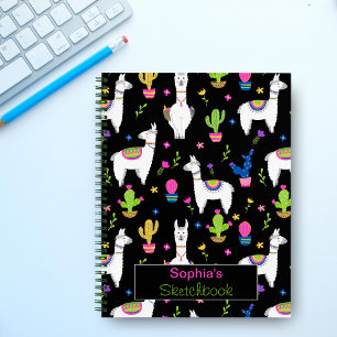 Cute Colorful Alpaca Cactus Custom Name Black Notebook