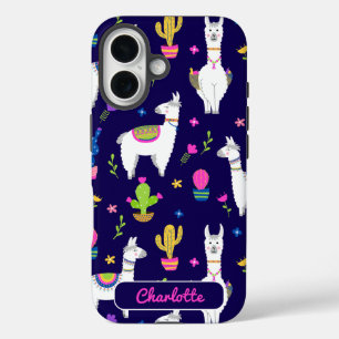 Cute Colorful Alpaca Cactus Custom Name Dark Blue iPhone 16 Case