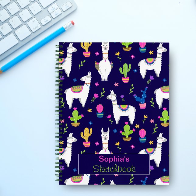 Cute Colorful Alpaca Cactus Custom Name Dark Blue Notebook (Creator Uploaded)