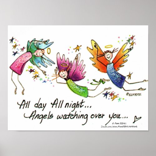 Cute Colorful Angels Watching Over Baby drawing Poster