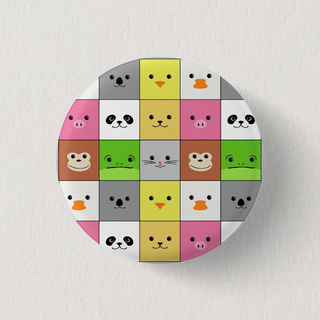 Cute Colorful Animal Face Squares Pattern Design Button (Front)