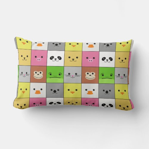 Cute Colorful Animal Face Squares Pattern Design Lumbar Pillow
