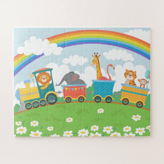 Cute Colorful Animal Train Rainbow Modern Kids Jigsaw Puzzle (Horizontal)