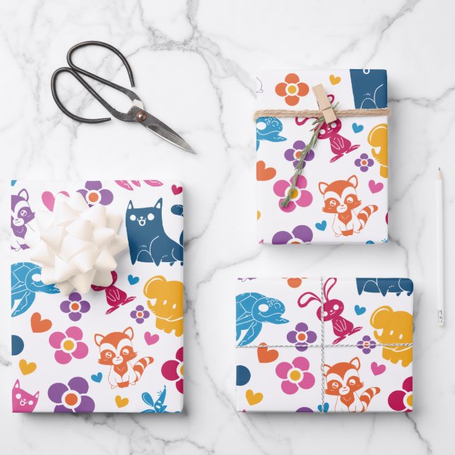 Cute Colorful Animals & Flowers Pattern Wrapping Paper Sheets (Front)