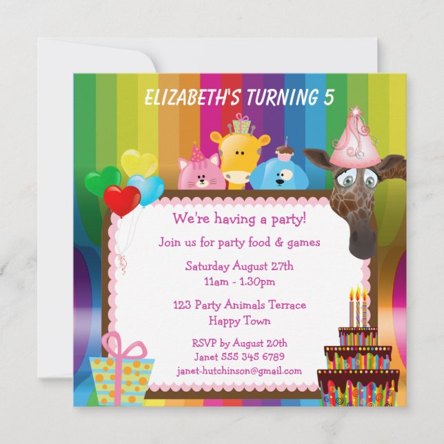 Cute & Colorful Animals Girls Birthday Party Invitation (Front)