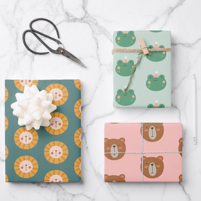 Cute Colorful Animals Pastel Minimal Wrapping Paper Sheets (Front)