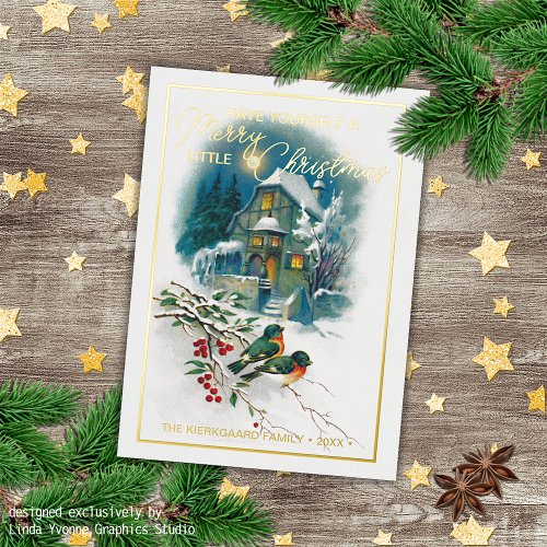 Cute Colorful Antique Seasons Greetings Gold Foil Holiday Card