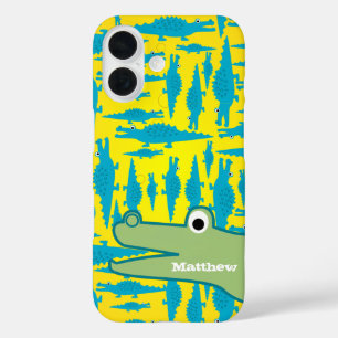 Cute Colorful Aqua and Yellow Alligator Pattern iPhone 16 Case