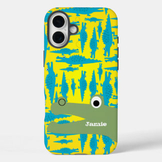 Cute Colorful Aqua and Yellow Alligator Pattern iPhone 16 Plus Case