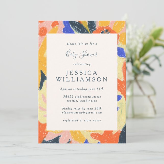 Cute Colorful Artsy Abstract Botanical Baby Shower Invitation (Standing Front)