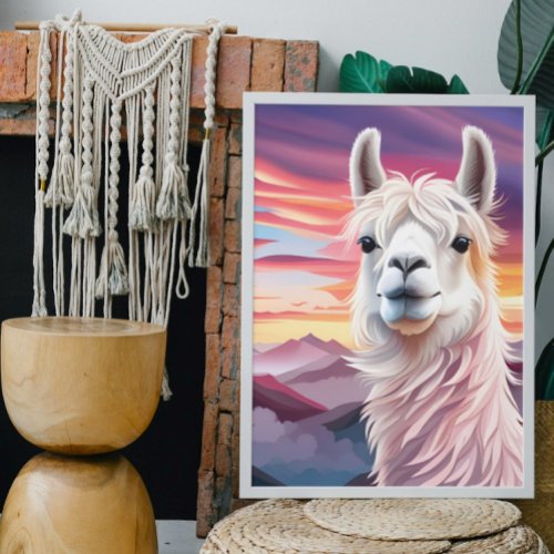 Cute Colorful Artsy Llama Scenery Mountain Sunset Poster