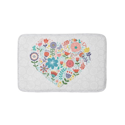 Cute Colorful Assorted Flowers Heart Illustration Bath Mat