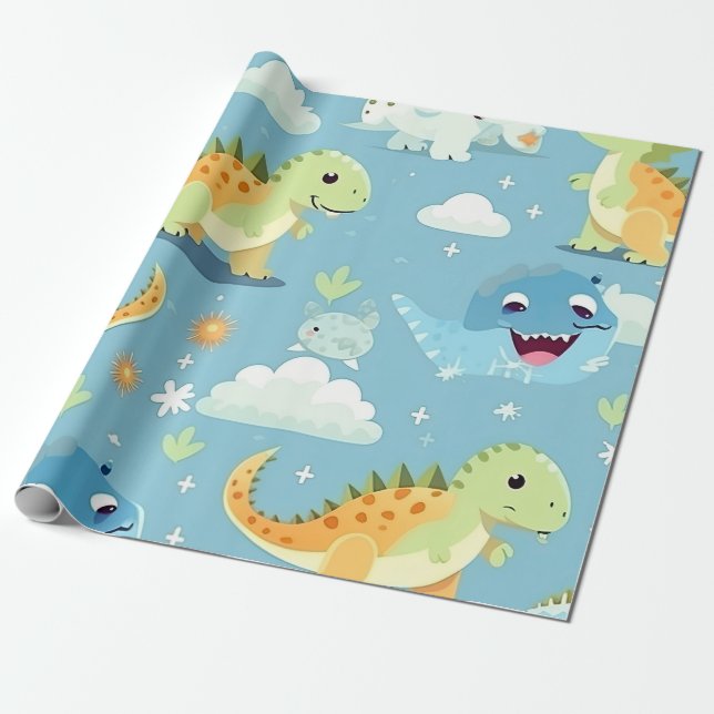 Cute Colorful Baby Dinosaur Birthday Wrapping Paper (Unrolled)