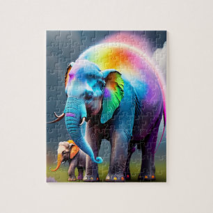 Cute Colorful Baby Elephant and Mom Elephant Jigsaw Puzzle